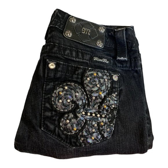 Miss Me 'Mid-Rise Skinny' Womens Jeans Tag 27 Black W28xL33 Sequins Fleur de Lis - Picture 1 of 12